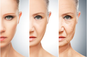 concept of aging and skin care. face of young woman and an old woman with wrinkles